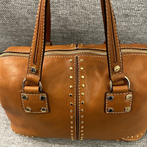 NEW Vintage Michael Kors Astor Studded Leather Satchel Bag Camel Gold Hardware - Picture 7 of 16